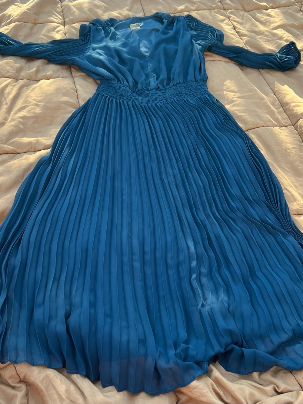Taylor Teal Plisse Accordion Pleated Long Sleeve Midi Dress Sheer Sleeves Size 8